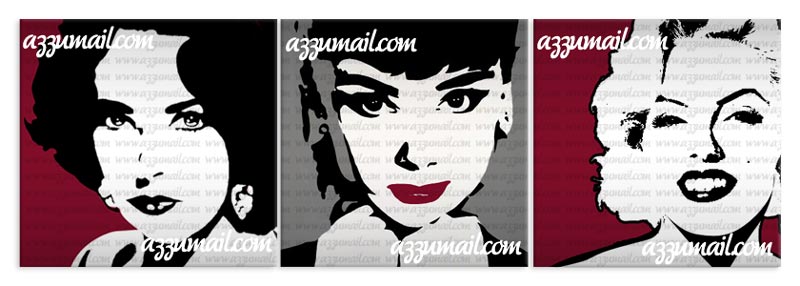 tre Quadri ritratti Audrey Hepburn Liz taylor e Marilyn Monroe pop art dipinti