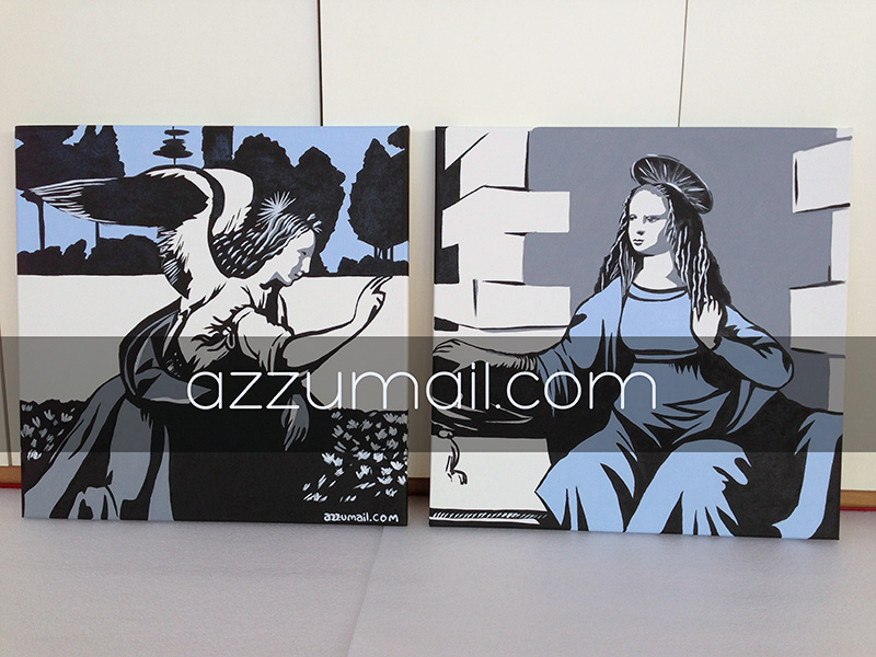 Annunciazione-leonardo-da-vinci-azzumail-popart-pop-art-copia-autore-artista-famoso-rinascimento-italiano-arte-art-trasformazione-falso-idea-regalo-quadro-dipinto-arredamento-moderno-colori-argento-testata-letto-camera-matrimoniale