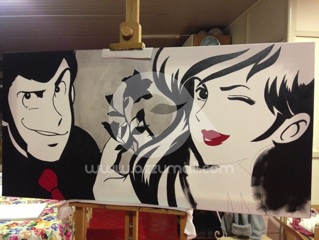 Quadro Pop Art su  Lupin III e Fujiko Mine Margot fumetti dipinti Arte  con colori acrilici su fondo argento
