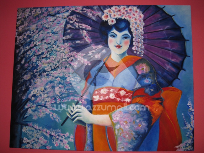 Quadro dipinto a mano arte figurativa ritratto di donna giapponese tra i  ciliegi in fiore Giappone Geisha 120x100cm XL