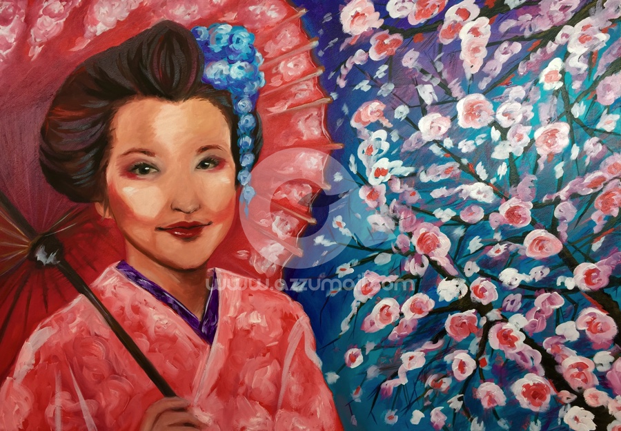 04-quadro-figurativo-moderno-geisha-oriente-giappone-japan-art-ritratto-donna-fiori-ciliegio-ombrello-rosso
