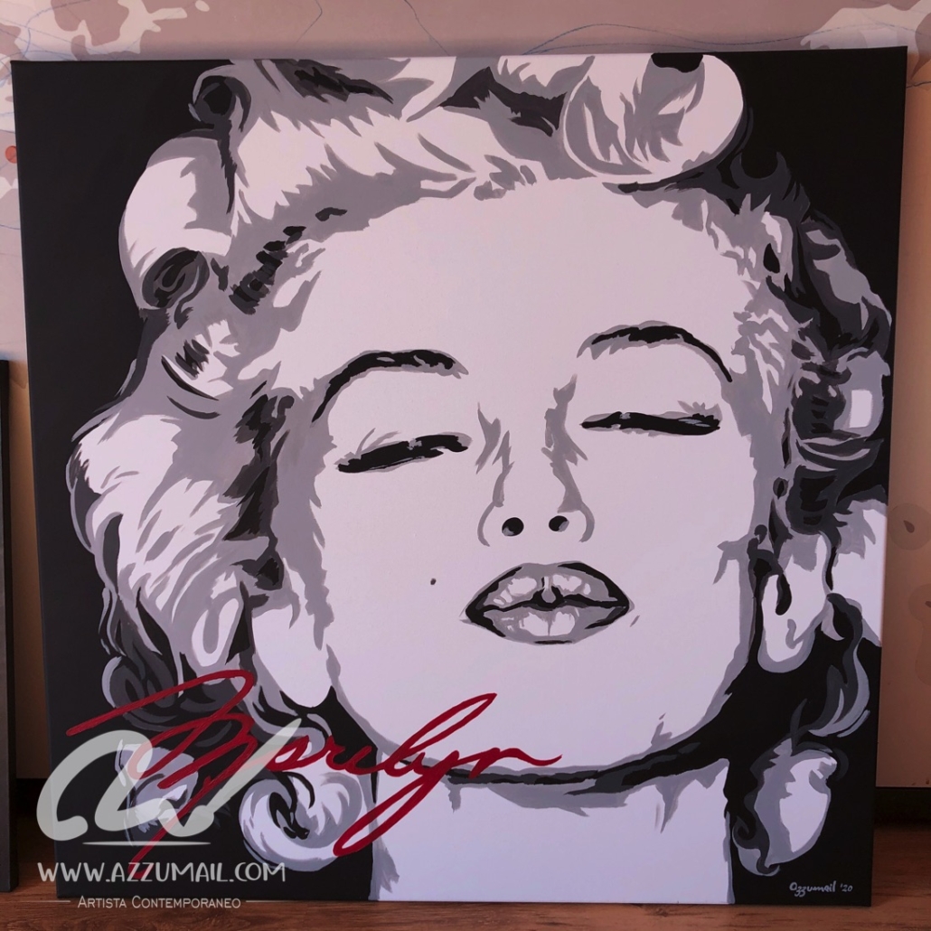 Quadro Marilyn Monroe ritratto Pop Art dipinto a mano su tela senza cornice  su commissione con firma in rosso.