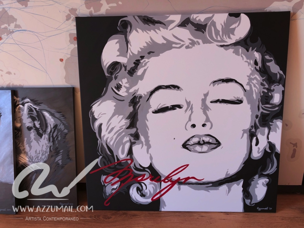 Quadro Marilyn Monroe ritratto Pop Art dipinto a mano su tela senza cornice  su commissione con firma in rosso.